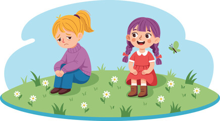 Happy and sad little girls sitting apart in the park, showing a contrast of emotions like happiness and sadness.