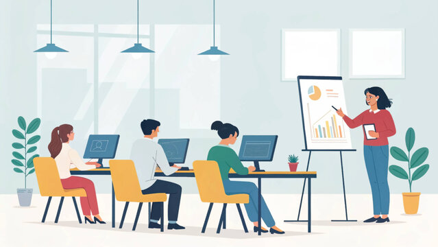 Professional instructor leads a focused business training session for colleagues in a modern office, emphasizing learning and skill development.