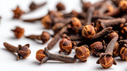 Close-up view of aromatic cloves, showcasing their distinct shape and rich brown color, perfect for culinary use.