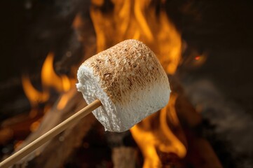 Close-up of skewered marshmallows being toasted over flames
