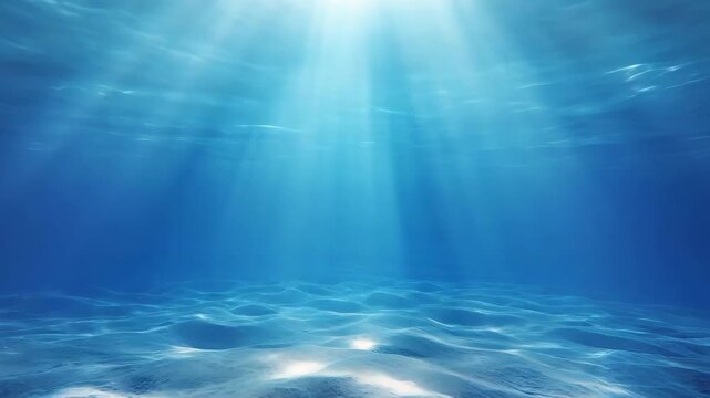 Sunlight filters though deep blue ocean water, illuminating particles floating by