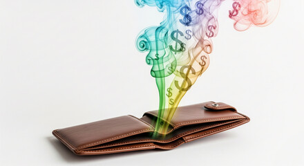 Conceptual image of money evaporating as colorful dollar sign smoke from an open brown wallet, symbolizing financial loss and inflation