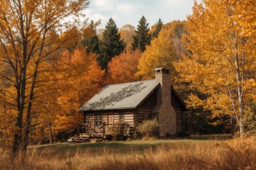 Obraz premium A cozy mountain retreat is embraced by colorful autumn leaves, with tall trees showcasing shades of gold, orange, and red.