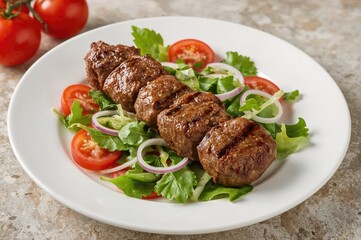 Grilled meat skewers served with fresh leafy greens