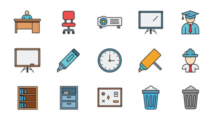 Educational Icon Array: A colorful collection of educational icons, meticulously designed to represent the multifaceted world of learning, knowledge, and academic pursuit.