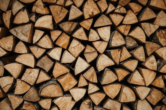 Close-up of a neatly piled stack of split logs in a natural setting
