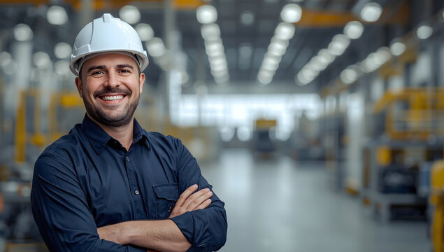 Friendly and confident portrait of a factory manager or engineer smiling with arms crossed in a modern industrial warehouse