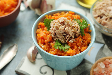 Houria, cooked carrot salad, a traditional dish of Tunisian cuisine	
