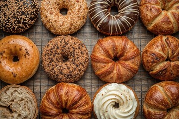 Illustrated bakery items: sweet buns, croissants, cupcakes, and assorted breads including bagels and toast.