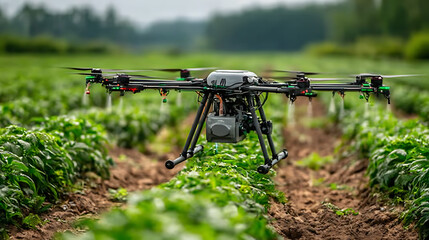 Innovative agricultural technology autonomous irrigation robot farmland digital farming open fields aerial view sustainable practices