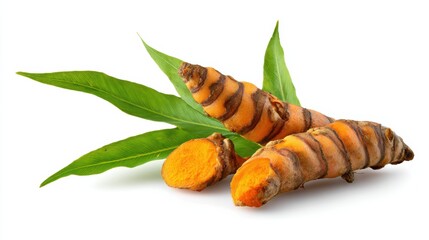 Fresh turmeric root with vibrant orange flesh and green leaves, perfect for culinary and health-related uses.