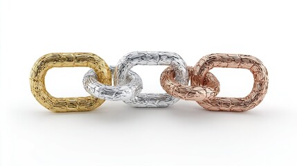 Fototapeta premium A simple background, with interlocking elements of gold, silver, and copper chains, symbolizes connection or collaboration in business, technology, or social networks.
