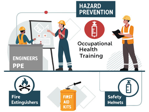 &ldquo;Construction Workers Safety Training Illustration &ndash; Workplace Safety, Engineering Team Meeting, Occupational Health Checklist in Flat Vector Style&rdquo;