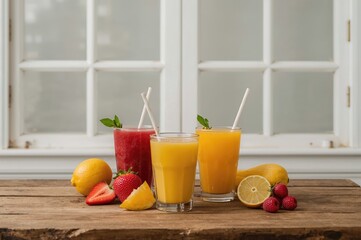 Fototapeta premium Freshly squeezed fruit juices placed on a wooden surface near a window