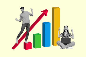 Creative 3d full art image collage of two happy business partners girl guy hold laptop chart development arrow progress chance