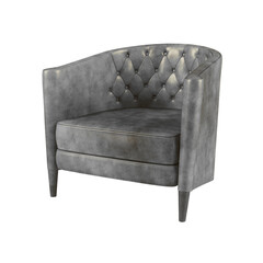Stylish single gray armchair with button-tufted backrest and distressed leather finish on...