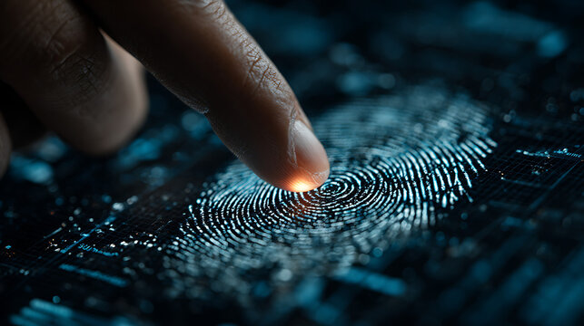 Exploring digital fingerprint technology cybersecurity lab visual data analysis high-tech environment close-up viewpoint innovation