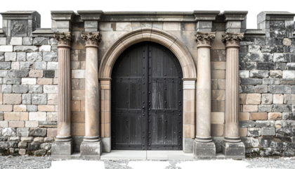 old wooden door in a stone wall PNG 