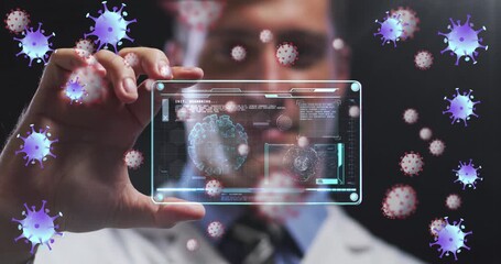 Animation of purple virus cells over caucasian male lab worker with digital card with virus data - Powered by Adobe