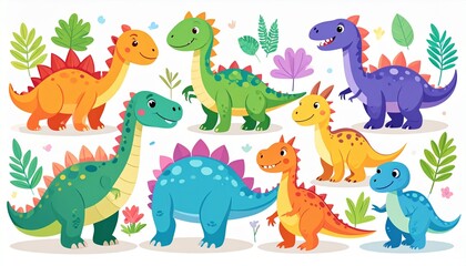 Collection of cute dinosaurs. Hand drawn cartoon brontosaurus, tyrannosaurus,