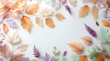 Decorative autumn background with copy space with leaves and flowers in pastel colors. 