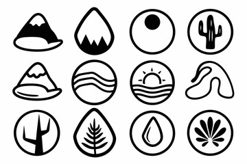 Minimalist Nature Line Art Icons Set, Black Outline Eco Symbols Vector Illustration