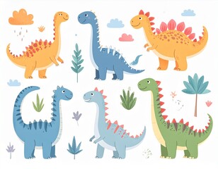 Collection of cute dinosaurs. Hand drawn cartoon brontosaurus, tyrannosaurus,