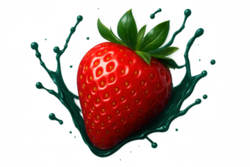 Fresh red strawberry with green leaves making a splash with green paint on a transparent background