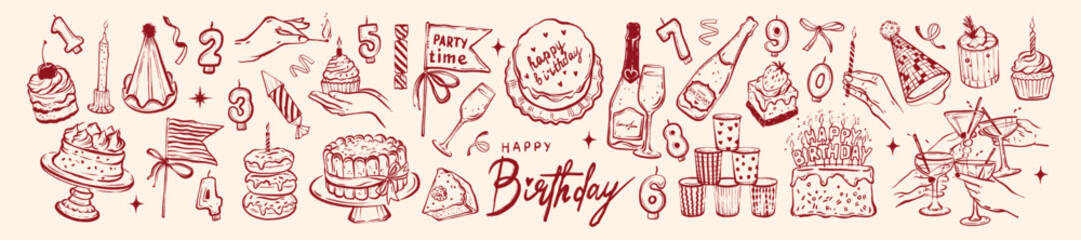 Birthday party doodle illustration set, hand drawn holiday decoration icon, festive cake dessert. Vector whimsical dinner object champagne drinks, anniversary festive candle pie. Birthday doodle print
