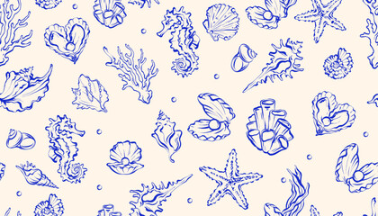 Ocean seamless pattern, vector doodle sea shell hand drawn texture, nautical whimsical background. Coastal summer elegant repeat decor print, marine textile surface design. Underwater ocean pattern