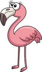 Cute cartoon flamingo standing with a curious and happy expression, featuring a long neck and pink feathers.