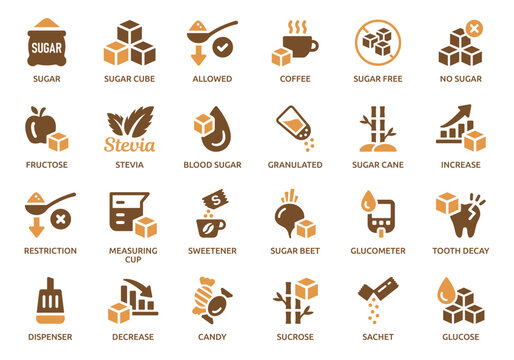 Sugar and Sweeteners Icon Set. Glucose, Fructose, Stevia, Sugar Free, Candy and Glucometer Symbols.