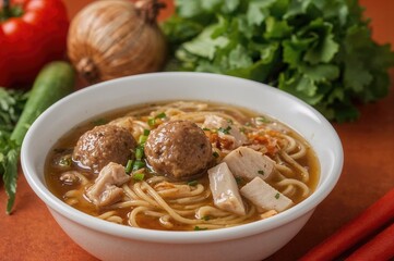 Chicken Noodle Soup with Meatballs and Vegetables - Traditional Asian Dish