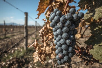 Abandoned crop of shriveled blue grapes up close. Cluster of frostbitten, dried grapes.