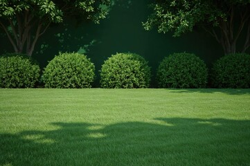 Naklejka premium Verdant Lawn and Trees with Elegant Shrub Shadows on a Fresh Green Backdrop