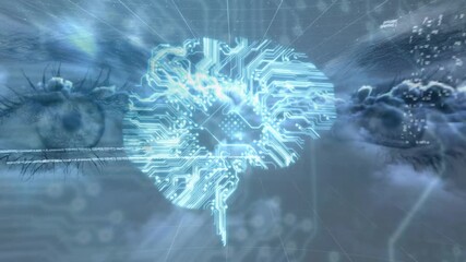 Animation of data processing and brain made of integrated circuit over eyes of woman - Powered by Adobe