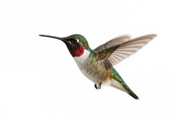 Ruby-throated Hummingbird (Archilochus colubris) flying solo on a white backdrop