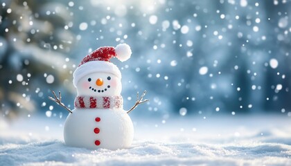 Festive Holiday Greeting Card Featuring Snowman In Winter Landscape With Snowfall And Cylindrical Display Shape For Copy Space.