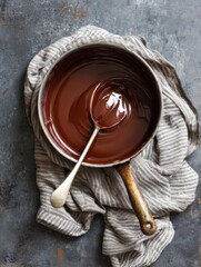 Overhead shot of melting dark chocolate in a saucepan with a spoon on a striped linen cloth on a rustic surface