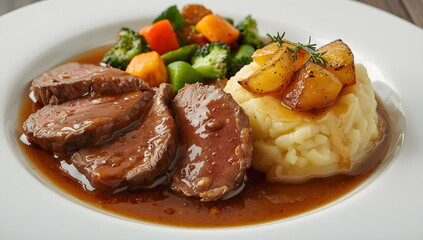 Beautifully plated gourmet meal of sliced roasted beef tenderloin with gravy, mashed potatoes, and vegetables