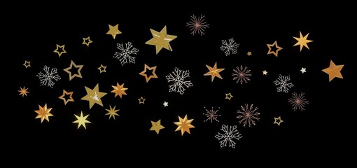 Beautiful winter holiday background with gold stars and snowflakes on black. Perfect for Christmas, New Year, or winter themed designs.