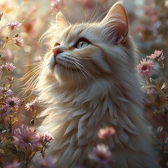 A serene portrait of a fluffy cat gazing amongst beautiful pink flowers photo