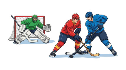 Hockey Match: A dynamic illustration captures the fast-paced action of a hockey game, showcasing two players in a face-off, while the goalie stands ready to defend the goal.