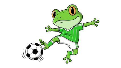 Frog Football Frenzy: A charming cartoon frog, dressed in vibrant sportswear, executes a skillful kick with a soccer ball, portraying sportsmanship and playful enthusiasm.