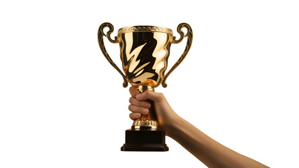 Hand holding a golden trophy isolated on transparent background, symbolizing victory