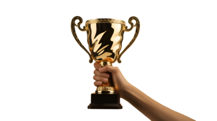 Hand holding a golden trophy isolated on transparent background, symbolizing victory