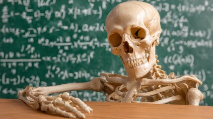 Skeleton teacher demonstrates math concepts in classroom setting with chalkboard full of formulas