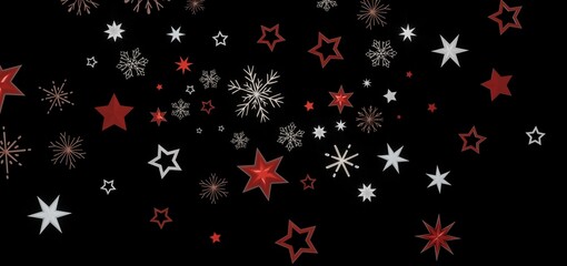 Festive holiday background with red and white stars and snowflakes on a black background. Perfect for Christmas cards, winter designs, and more