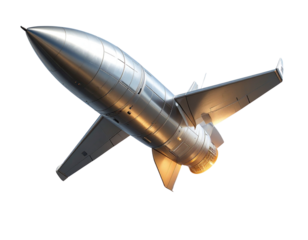 Futuristic Space Missile with Sleek Metallic Body, Angled Launch View, isolated transparent background png