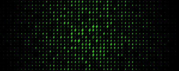 Green lightning bolts glowing on black. Electric energy pattern for power, tech, neon digital themes, wallpapers, or speed concept designs. Vector illustration